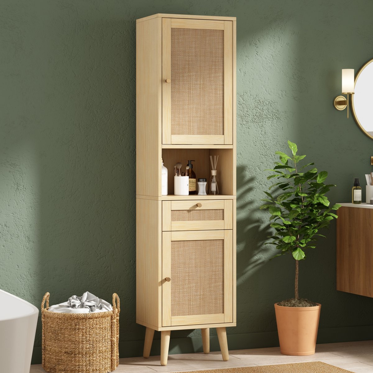 OKWISH Badkamerkast – Vrijstaande Hoge Kast Met Rattan Deuren – Lade En Open Vakken – 40x30x166 Cm – Natuurlijk Houtkleur MDF