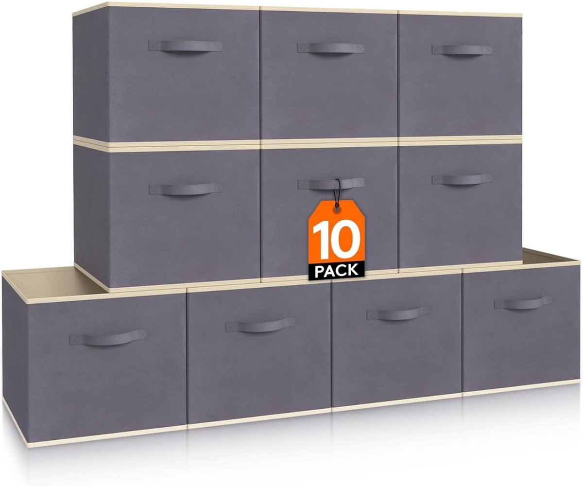 Famanu Inklapbare opbergdozen set van 10 stuks, middelgrote decoratieve opbergmanden, open kubussen met handgrepen, 26,5 x 26,5 x 28 cm, grijs