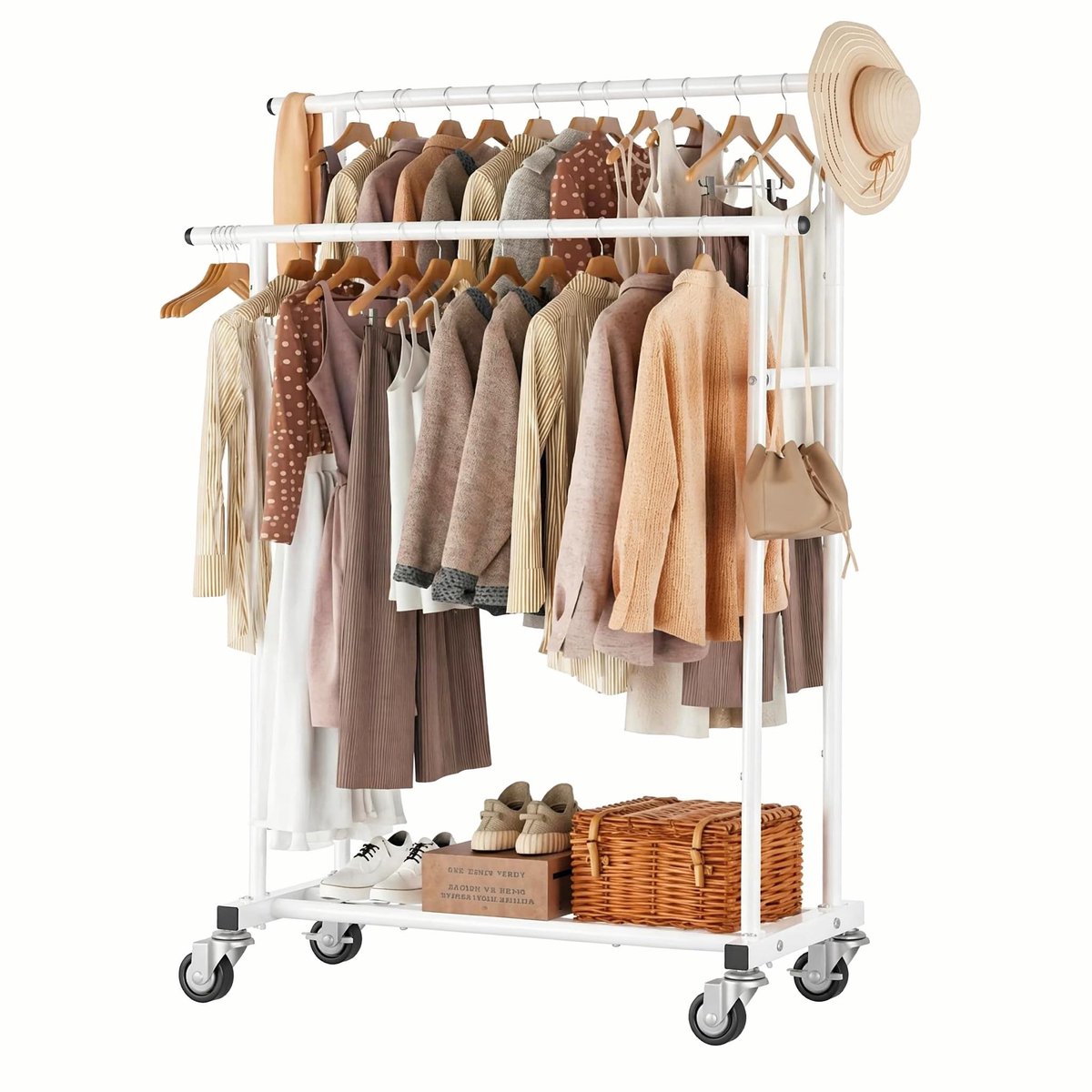 Famanu – Kledingrek met dubbele stang, rollend en hangend, draagbare kledingorganizer voor slaapkamer en woonkamer, wit