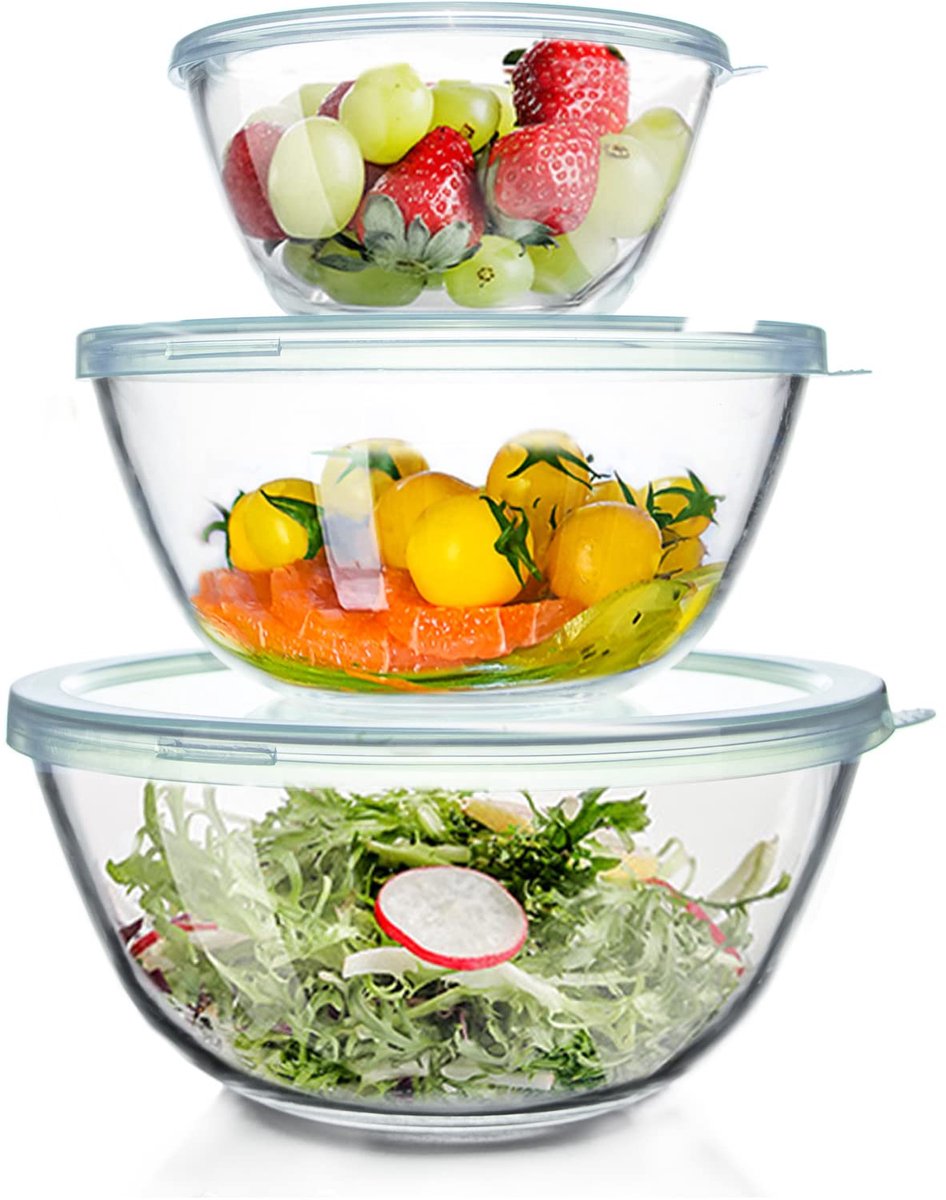Famanu – Glazen mengkom met deksel, set van 3 (4,2 l, 2,5 l, 1 l), grote ronde slakommen voor de keuken, vaatwasmachinebestendig