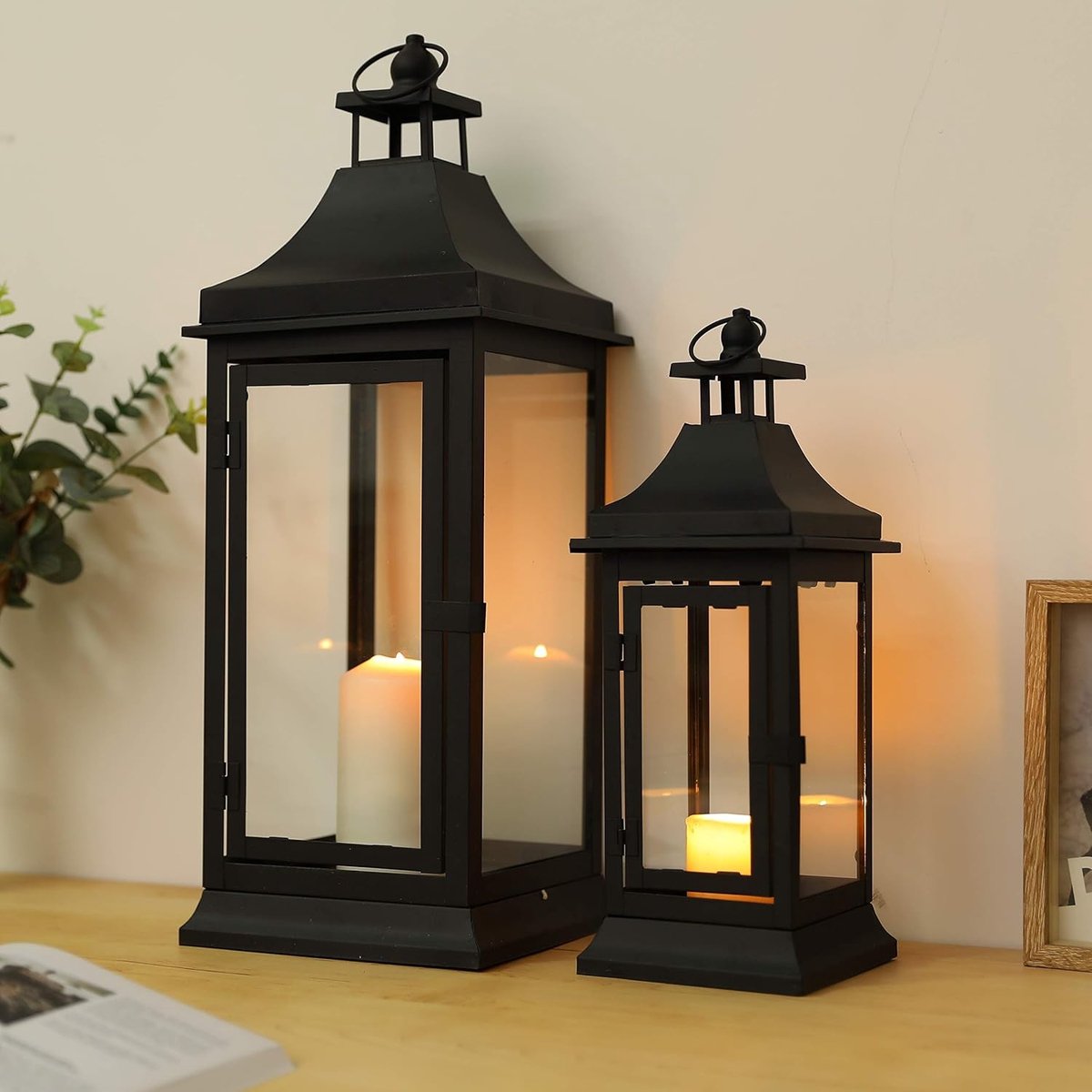Windlicht van glas - Zwart - 33 en 50 cm hoog - Metalen vintage lantaarns - Voor binnen en buiten decoratie