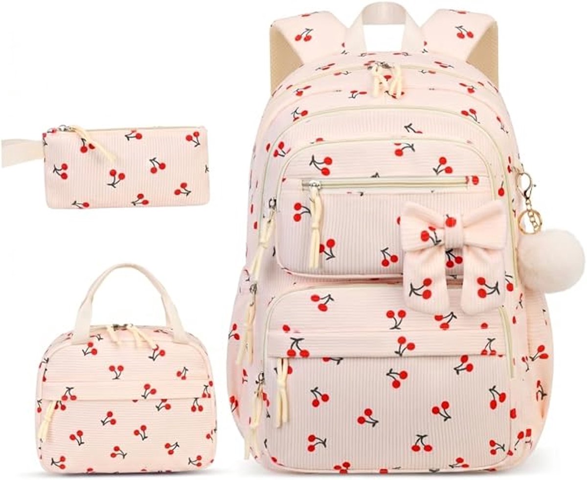 KZQ 3-delige Schattige Corduroy Schoolrugzak met Kersenmotief voor Meisjes en Vrouwen, inclusief Lunchtas en Etui