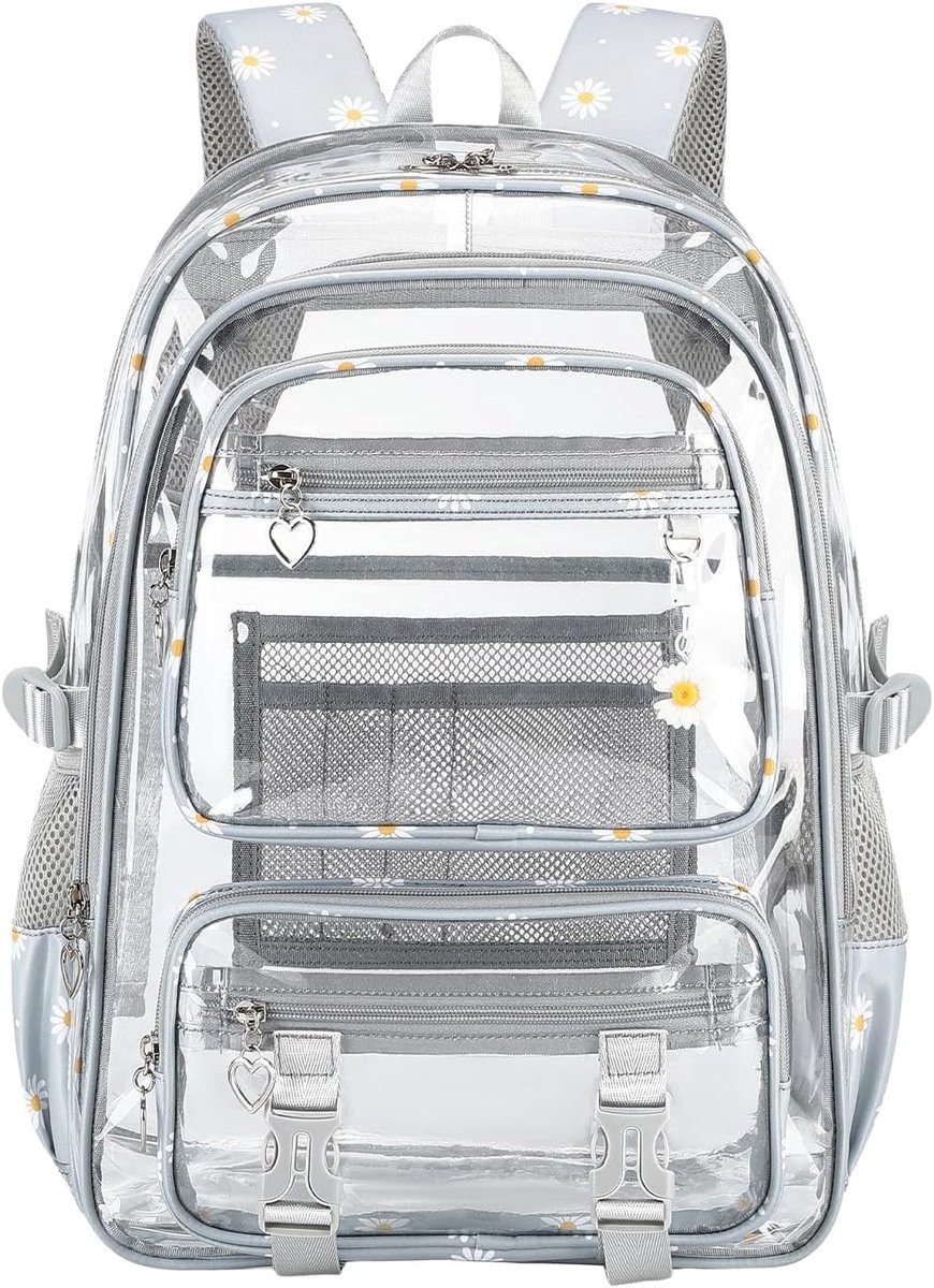 KZQ Transparante Pvc Schoolrugzak Met Madeliefjesmotief – 15.6 Inch Laptopvak, Organizer En Mesh Zijvakken – Grijs 29 Liter