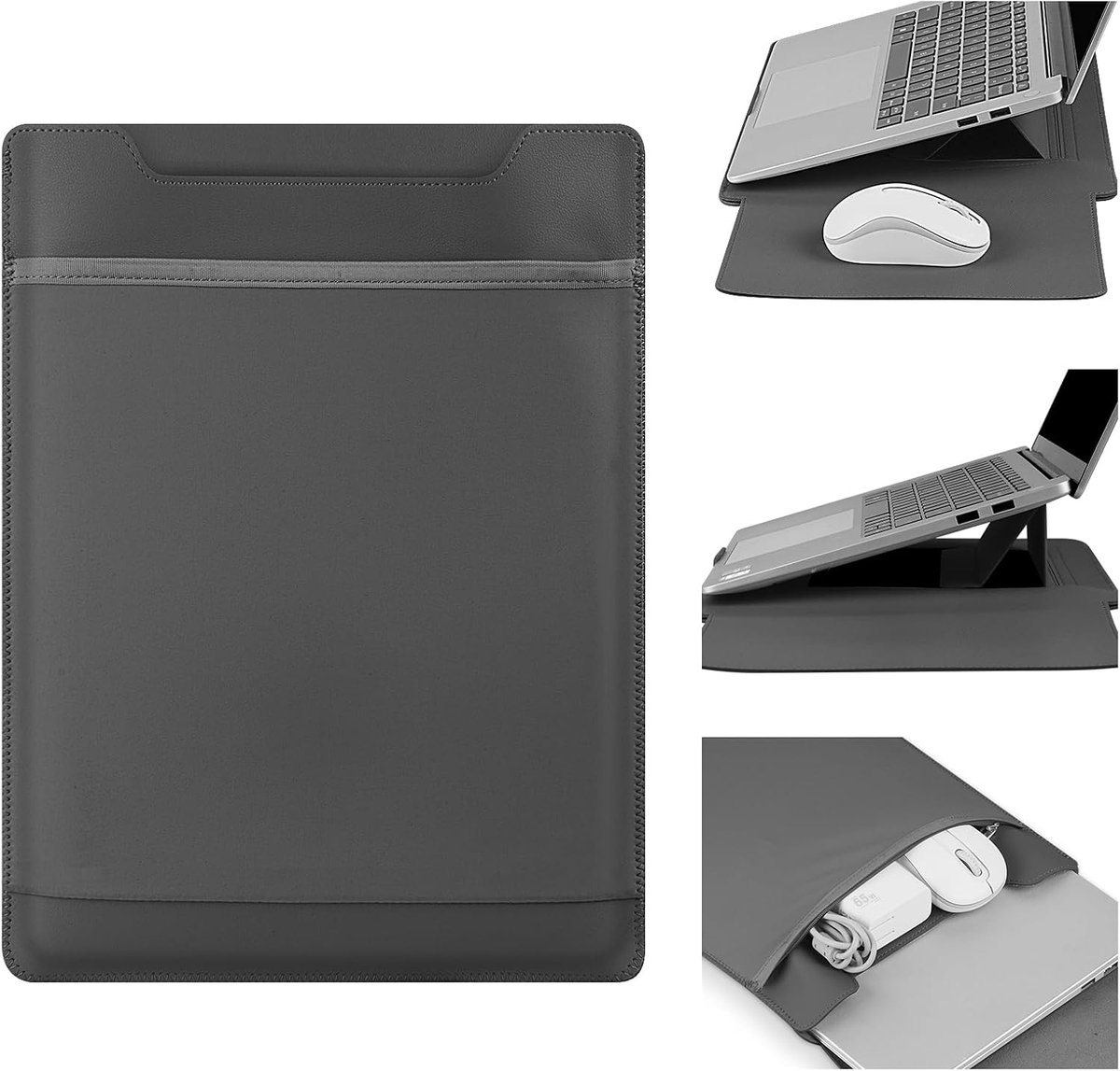 15/16inch Laptophoes - Laptop tas - met standaard - PU-Lederen - Duurzaam - Multifunctioneel - Waterafstotend - draagbare - geschikt voor 15 inch laptop en 16 Inch laptop - Donkergrijs