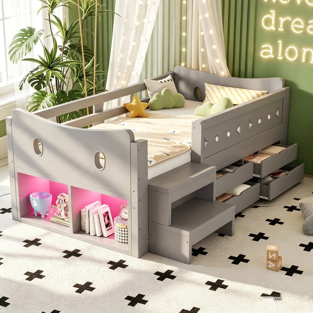 Kinderbed 90 × 200 cm Met Uniek Hoofdeinde, Eenpersoonsbed, Voorzien Van Opbergvakken, Lades En Veiligheidshekjes, Met Ledverlichting En USB- En Type-C-Oplaadpoorten, Eenpersoonsbed, Grijs