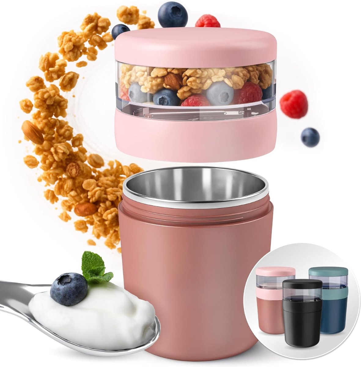VALI® Yoghurt Beker To Go - Inhoud 650 ml - Yoghurt en Muesli Beker To Go - Roze - 10cm x 10cm x 16cm