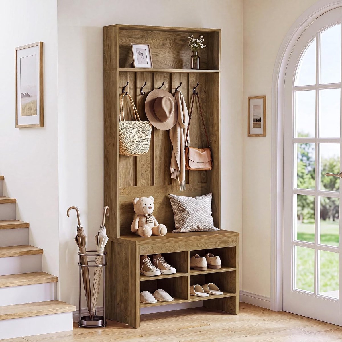 LITTLE TREE Multifunctionele Entree Organizer - 180 cm Hoog - Kapstok met Bank, 5 Haken en 4 Opbergvakken - Voor Hal, Woonkamer en Bijkeuken - Lichtbruin