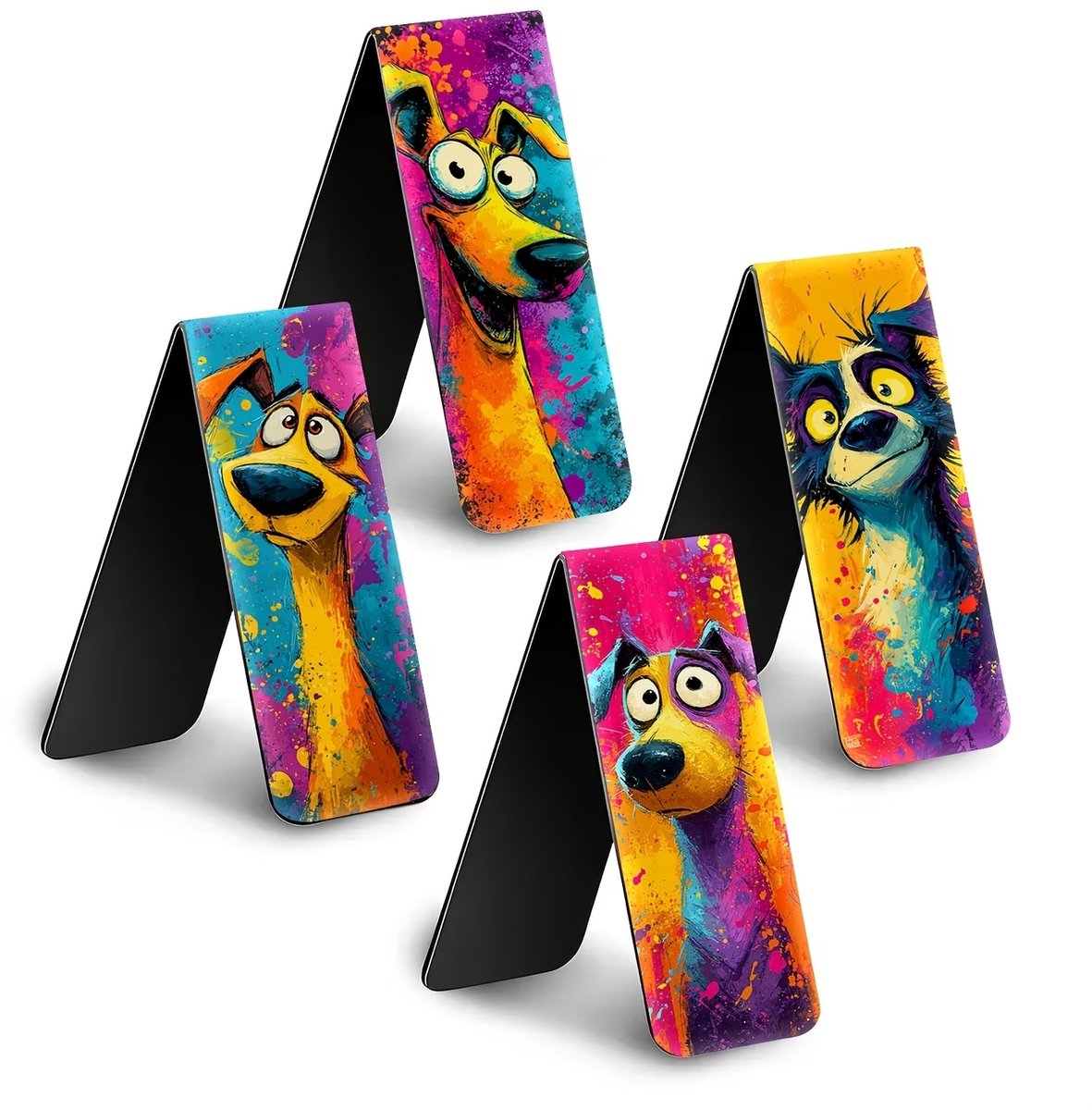 ViWADO® Magnetische Boekenleggers Honden – 4 Stuks – Kleurrijke Pop-Art Designs – Bladwijzers voor Boeken