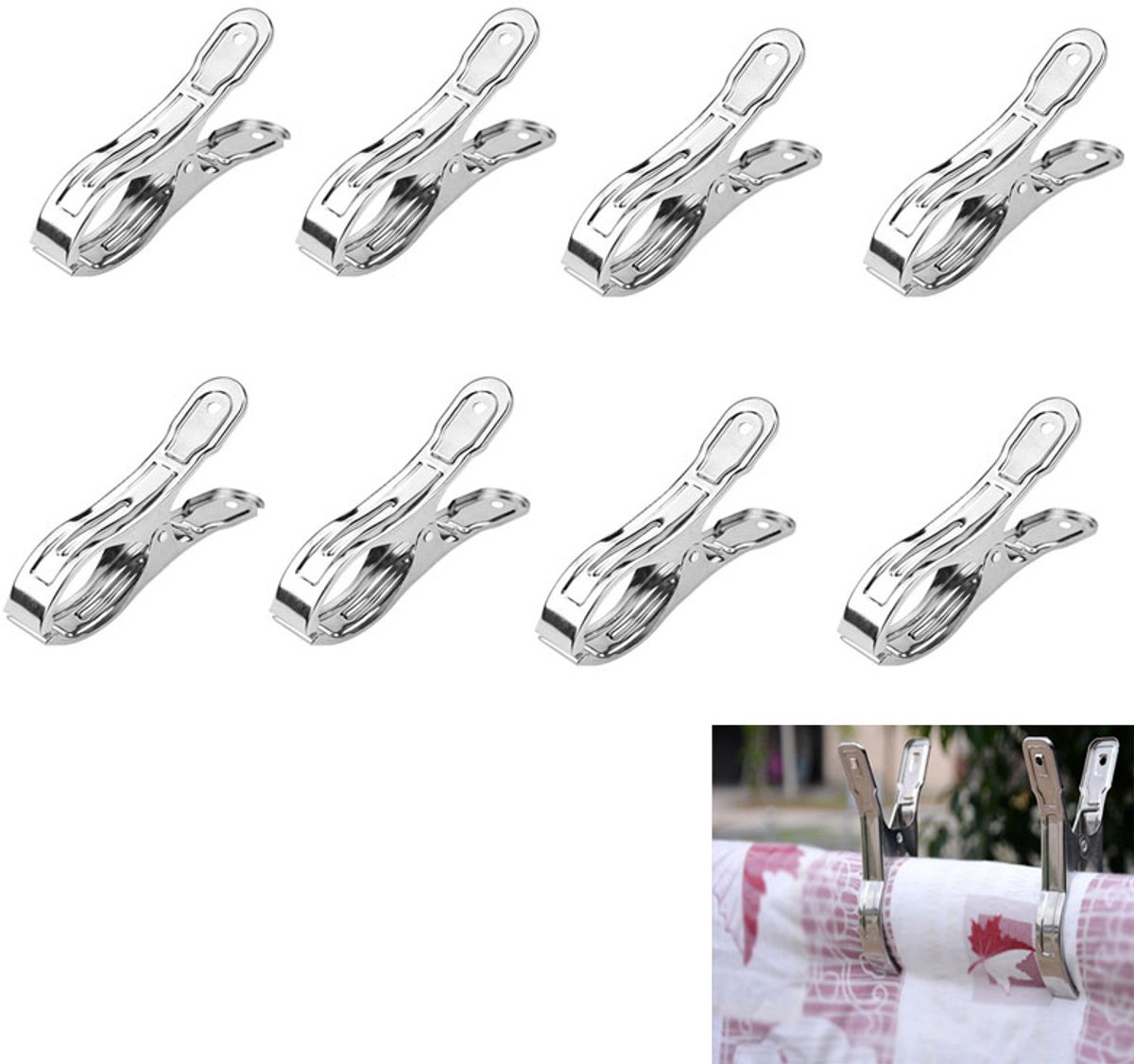 8-stuks Wasknijpers van roestvrij staal - Windbestendige wasknijpers - Strandhanddoekclips - Dekenclips - 13x2cm - Geschikt voor het drogen van kleding, strandhanddoeken, zwembadhoezen, gordijnen, dekens, enz. - Zilver