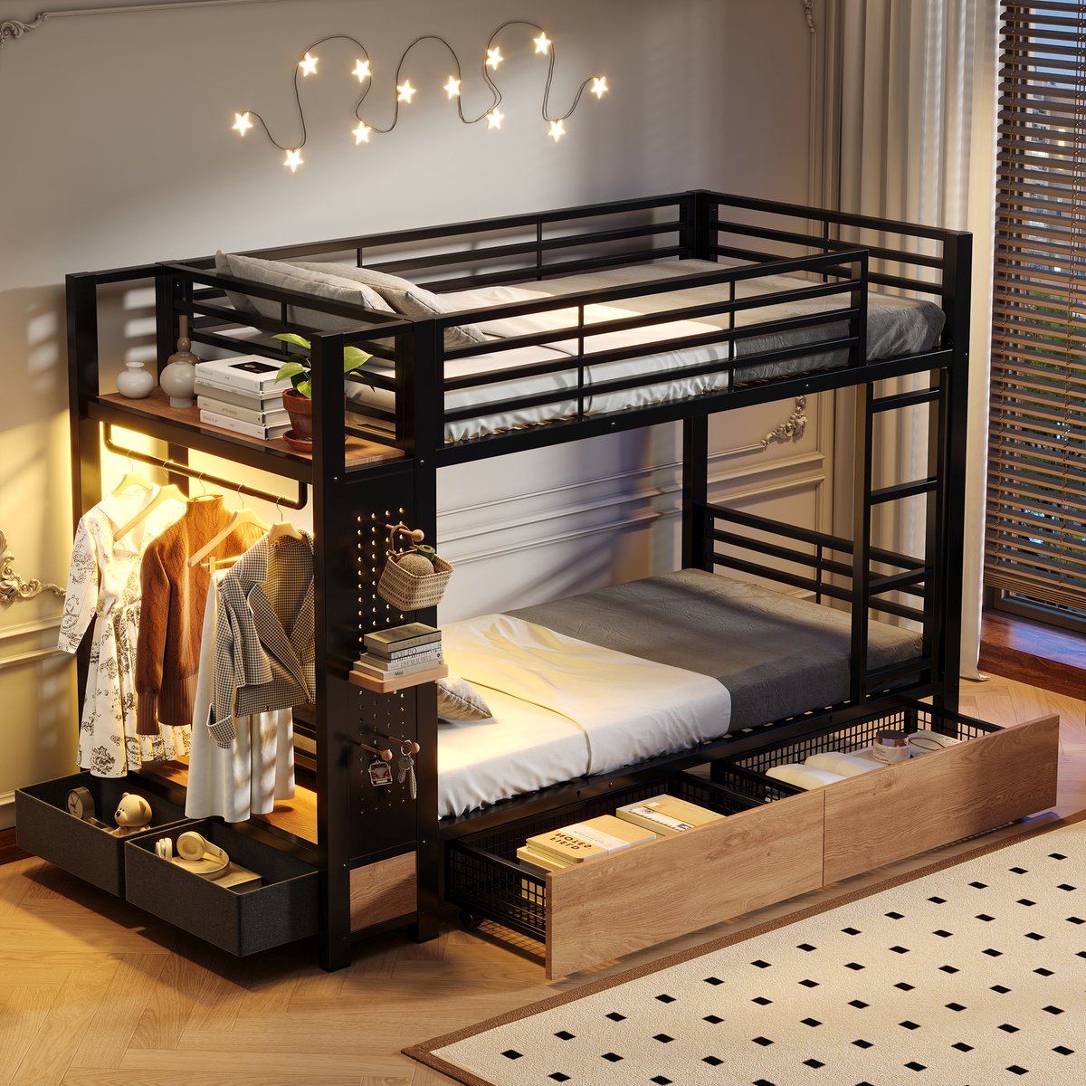 Stapelbed 90 X 200 cm, Kinderbed, IJzeren Frame, 4 Lades, Meerdere Planken, Met Led-Lichtstrip, Prikbord, Met Kledingstang, Opbergruimte, Matras Niet Inbegrepen, Zwart