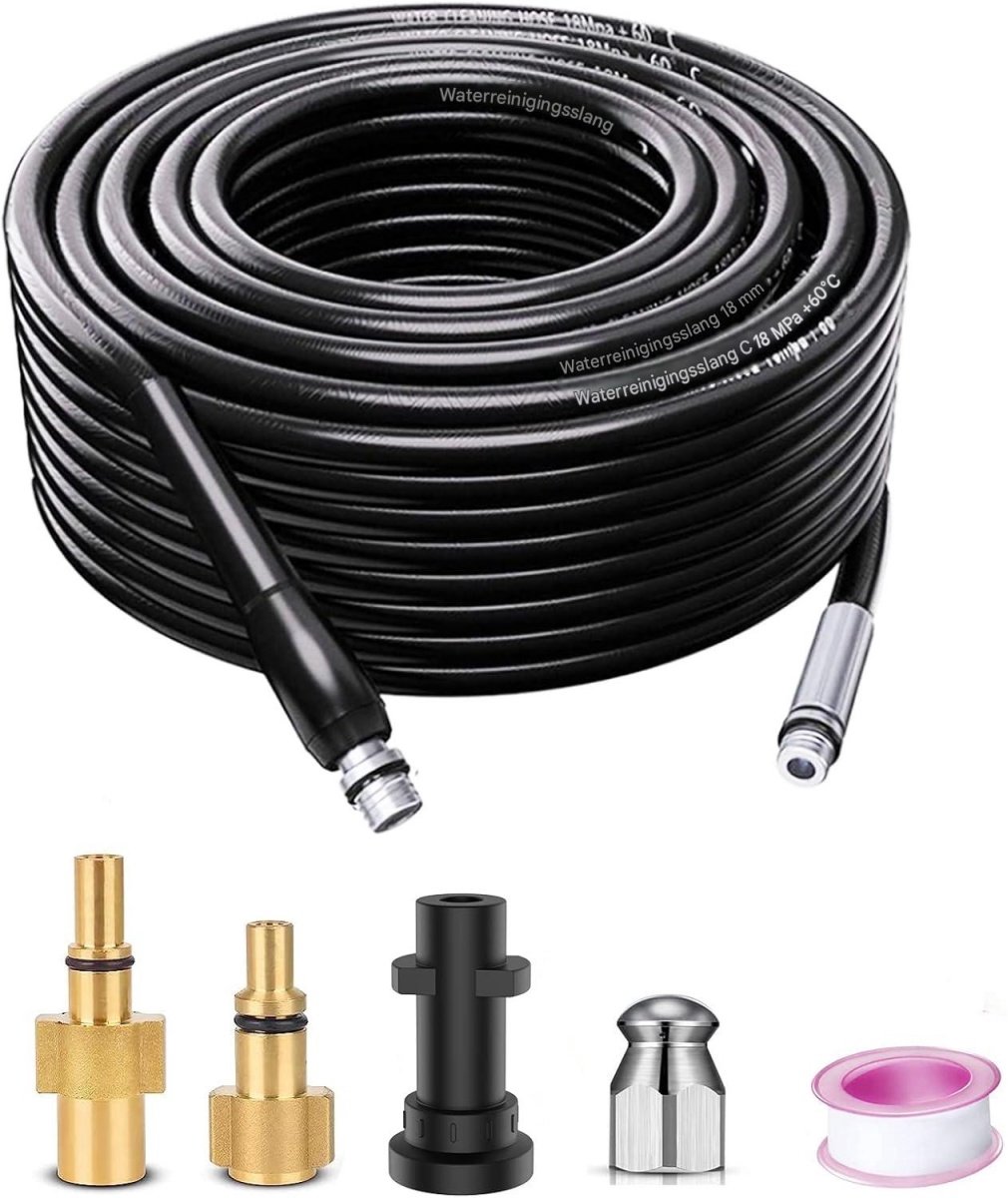 SSTRWGOOD Hogedrukreinigeraccessoires - 10m - Rohrreinigungsschlauch - Afvoerreiniger met 4 sproeigaten (1 voor, 3 achter) - Geschikt voor Kärcher K2 K3 K4 K5 K7 en Lavor - Flexibele metalen slang