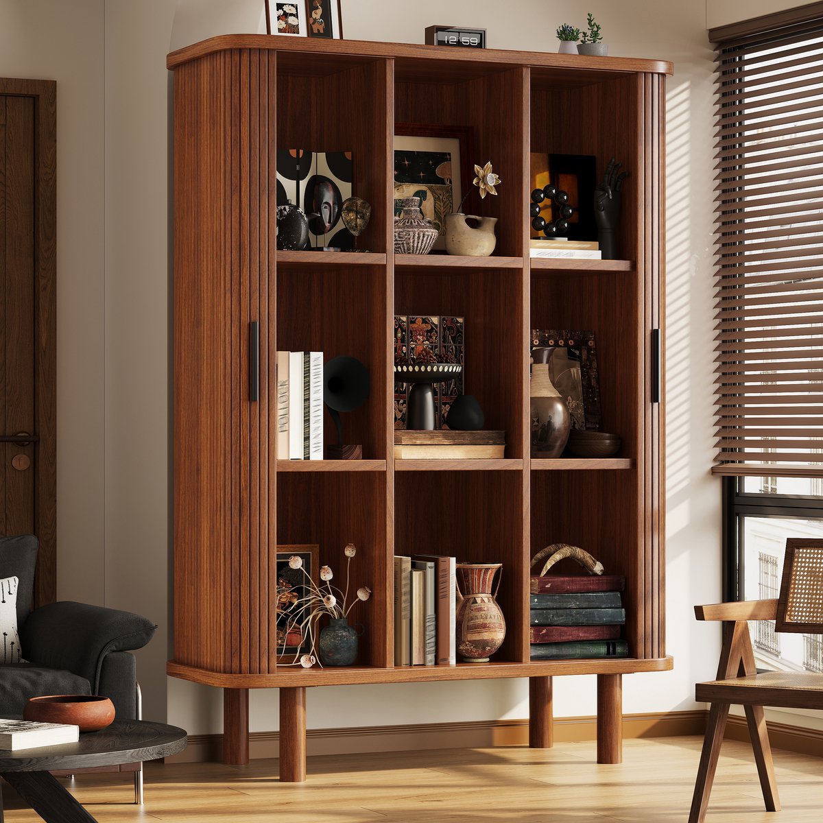 Hoge Kast Met Roldeur - Geriffelde Front En Afgeronde Kanten - Opbergkast Voor Woonkamer En Slaapkamer - MDF En Hout - Donkerbruin - 110x40x160 Cm