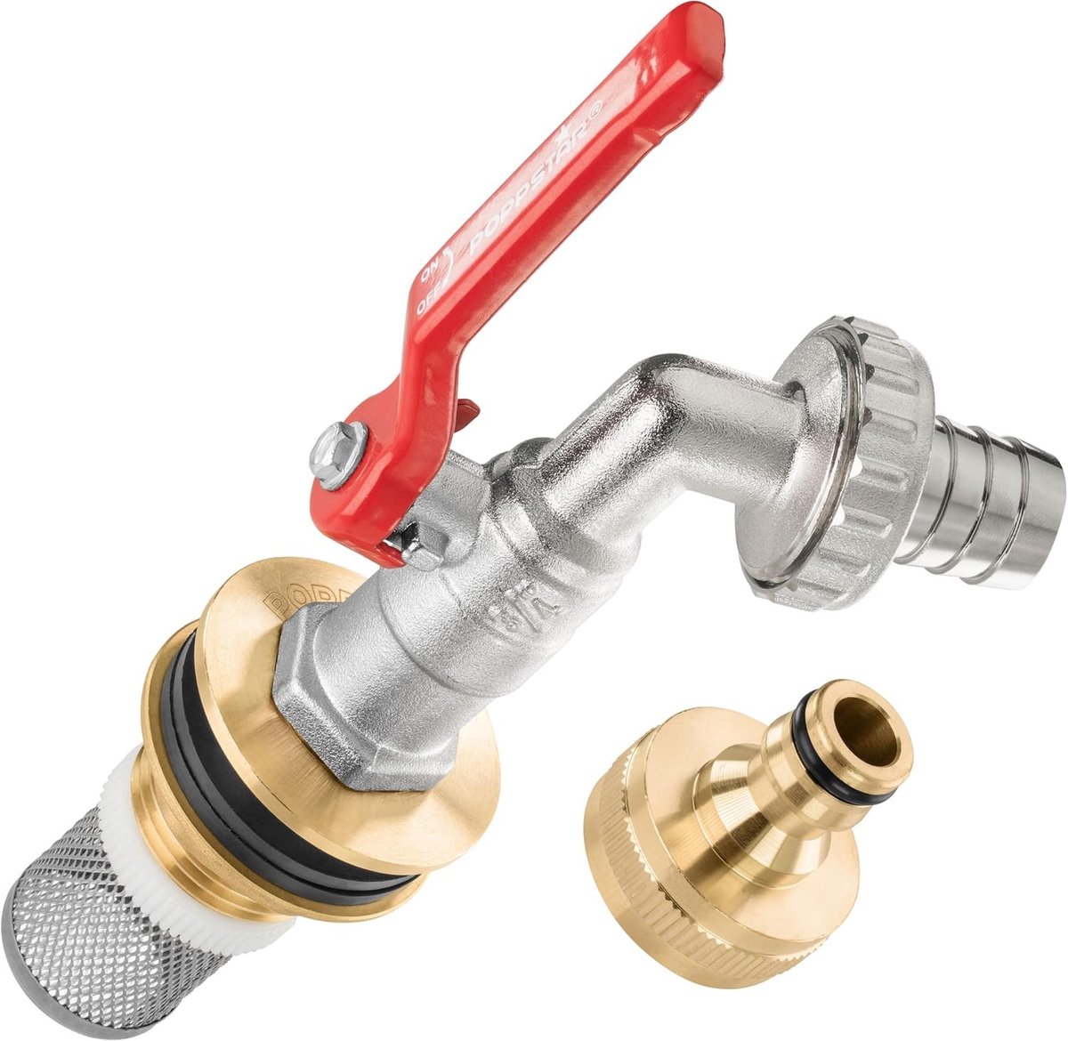 Regentondoorvoer - Messing - 3/4 inch - Inclusief Kogelkraan en Roestvrijstalen Zuigkorf - Voor Regentonnen en Watercontainers