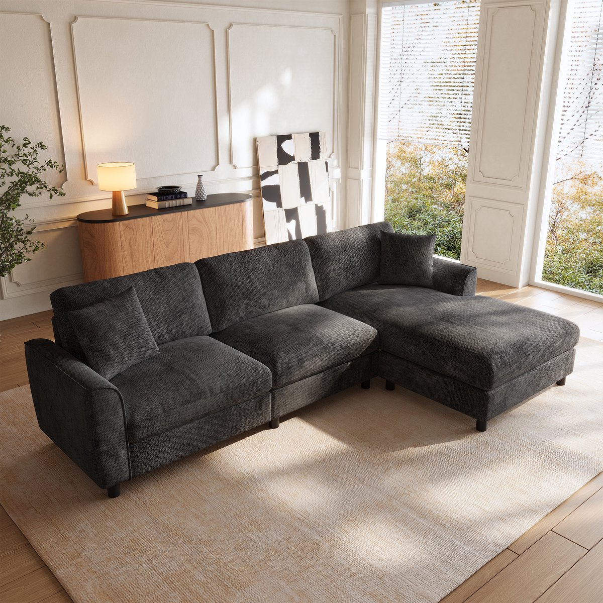 MIVRAY Hoekbank 256 x 137 x 79 Cm Modulaire Omkeerbare Chaise Longue Met 90 Cm Brede Ligplek Voor Woonkamer Chenille Grijs