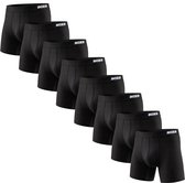Een rij van acht zwarte BOXR boxershorts met lange pijpen, voorzien van een wit logo op de tailleband.
