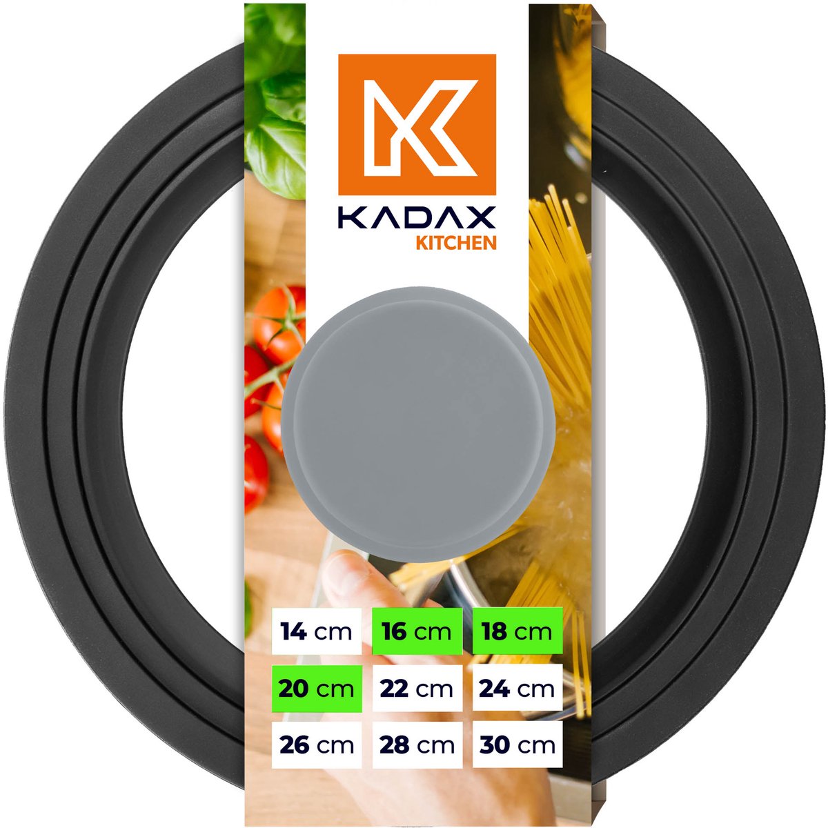 KADAX universele deksel 16/18/20 cm, universele deksel voor potten en pannen, pannedeksel, glazen deksel met siliconenrand en stoomopening, potdeksel (grijs)