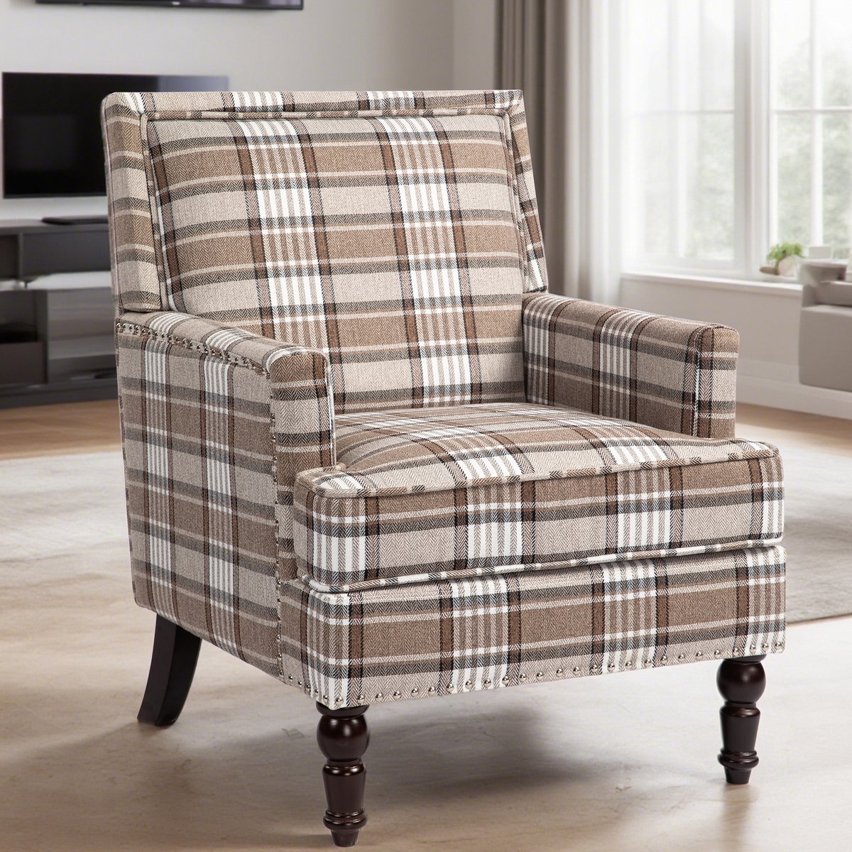 REDOM - Fauteuil - Gewatteerde zitting - Armleuningen en houten poten - Niet verstelbaar - Vintage stijl - Woonkamer - Katoen-linnen stof - Bruin en Wit - 64 x 69 x 89 cm