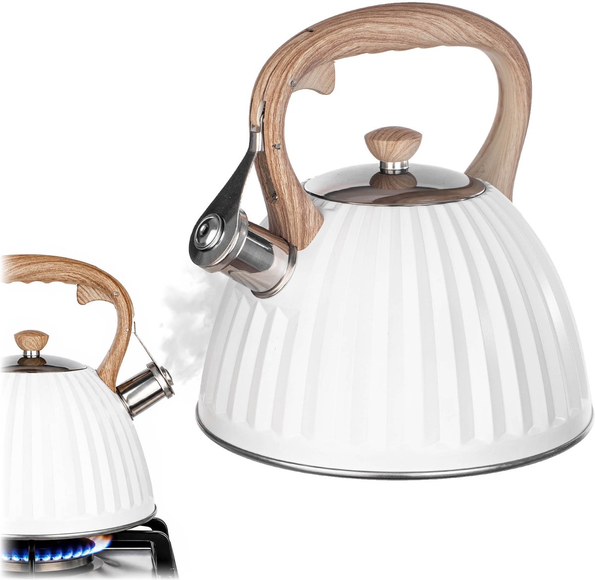 KADAX waterketel 2,8 l van roestvrij staal, theeketel met fluit, afneembaar deksel en hittebestendig handvat in houtlook, fluitketel geschikt voor alle gangbare soorten fornuizen (wit)
