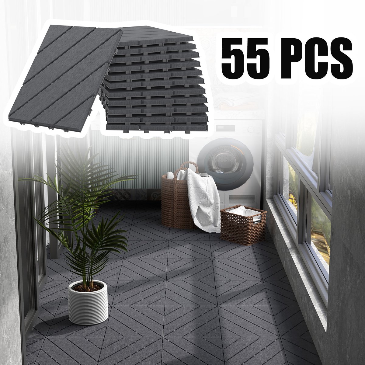 Froadp 55 stuks balkontegels met houtlook terrastegels 30x30 cm decoratieve kunststoftegels voor terras kliktegels vloerbedekking balkontegel waterbestendig onderhoudsvriendelijk - 5 m² antraciet schuin type