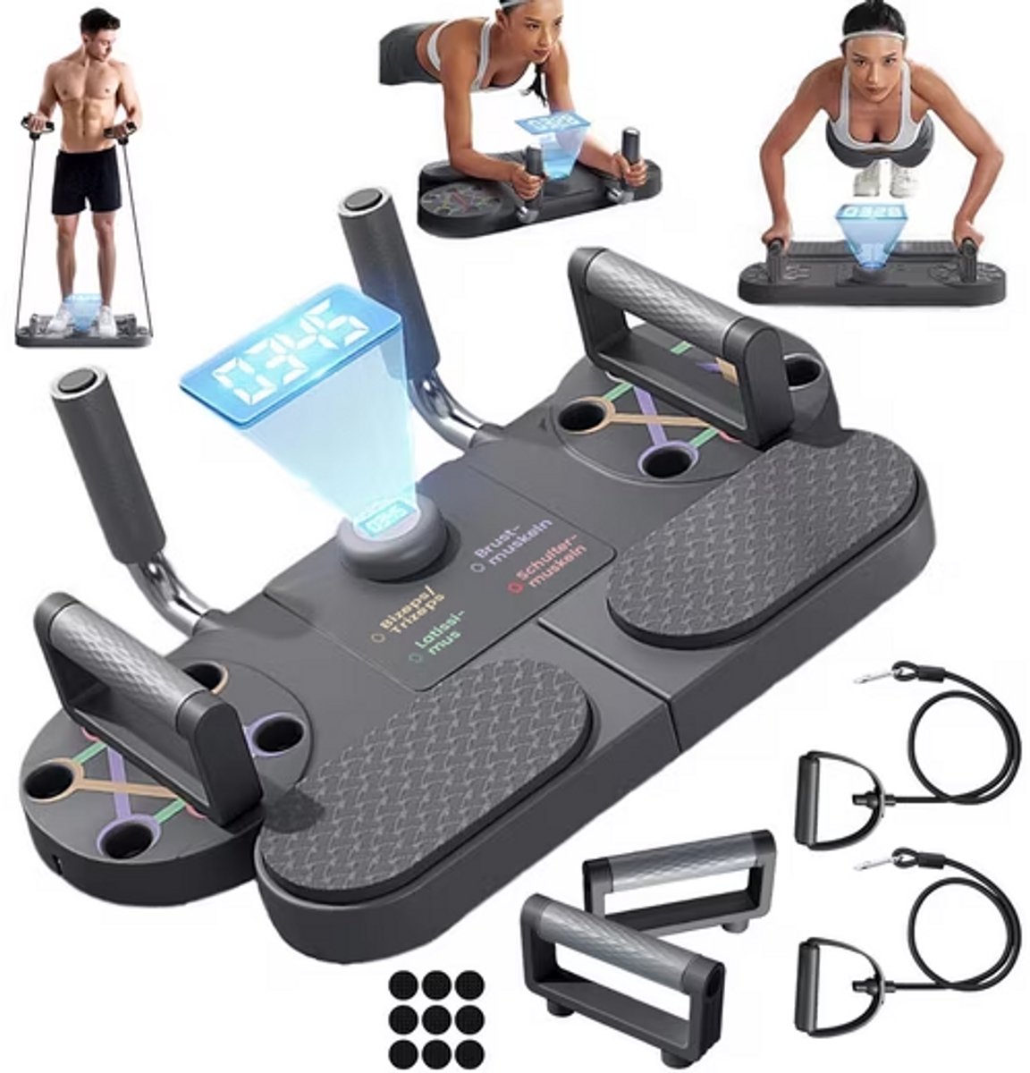 FOSMET Push Up Board - 3 in 1 - Buikspiertraining met LED Teller - Opvouwbaar Push-Up Board - Thuis Gym Board - Bovenlichaam Training voor Borst, Schouders, Rug & Triceps - Fitnessapparaat voor Thuis - Opdruksteunen - Fitness - Krachttraining
