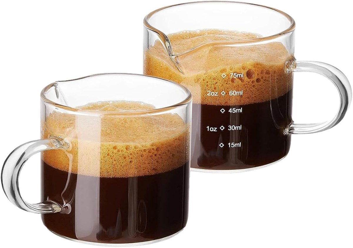 Set van 2 glazen maatschenkbekers 75 ml met maataanduiding en handvat, hittebestendige glazen maatbeker voor espresso, melk en koffiebereiding