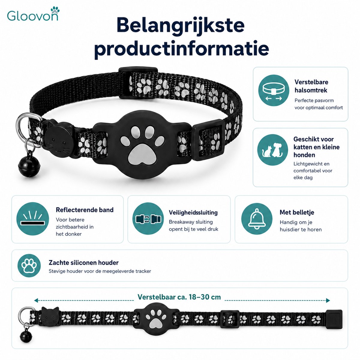 Gloovon® Kattenband met Tracker - GPS Tracker Kat - Veiligheidssluiting & Reflecterend - Nylon - 19-32 cm - Zwart thumbnail 2