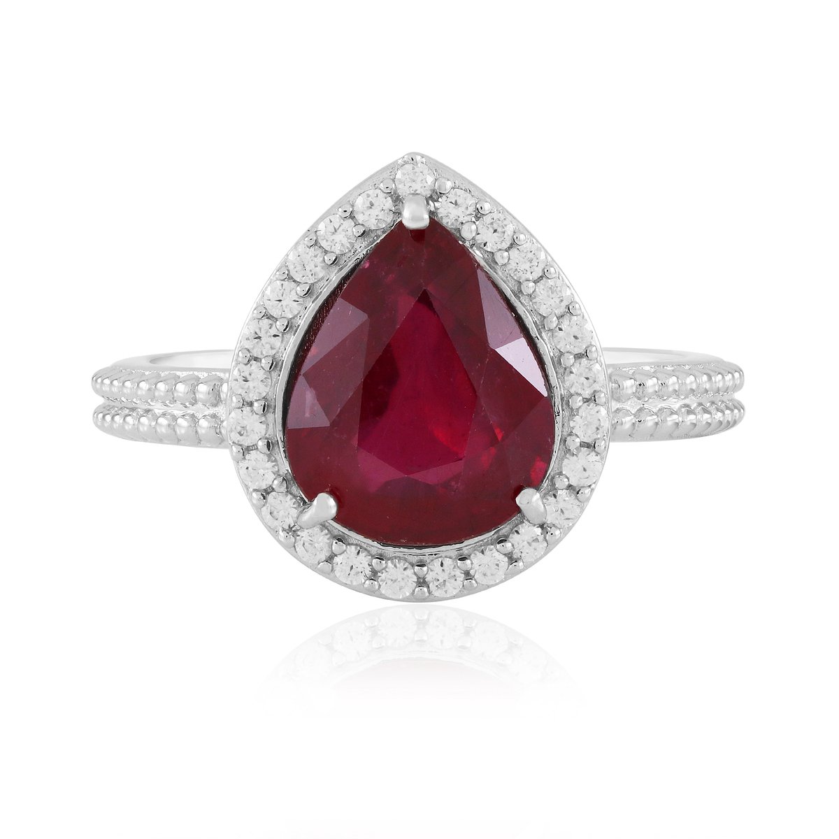 Cavill - Luxe Zilveren Ring met 3,7 ct Peervormige Robijn uit Madagaskar - 925 Sterling Zilver met Platinering - 25 Rondgeslepen Zirkonia