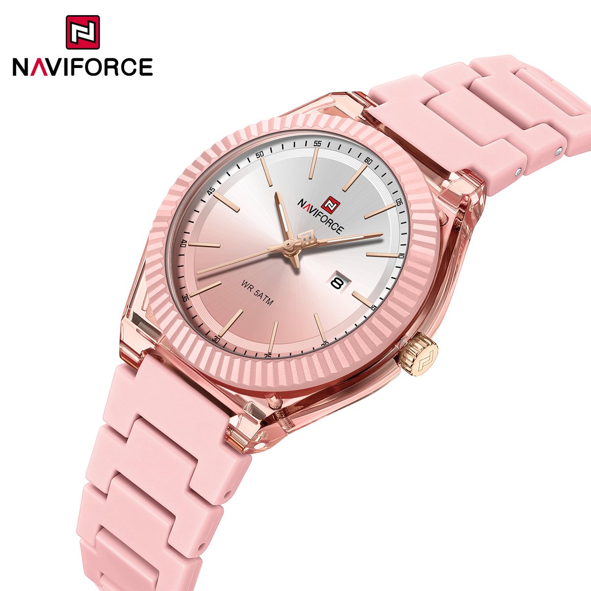 NAVIFORCE horloge met lichtroze siliconen polsband, lichtroze wijzerplaat en lichtroze horlogekast voor dames met stijl ( model 6117 PP )