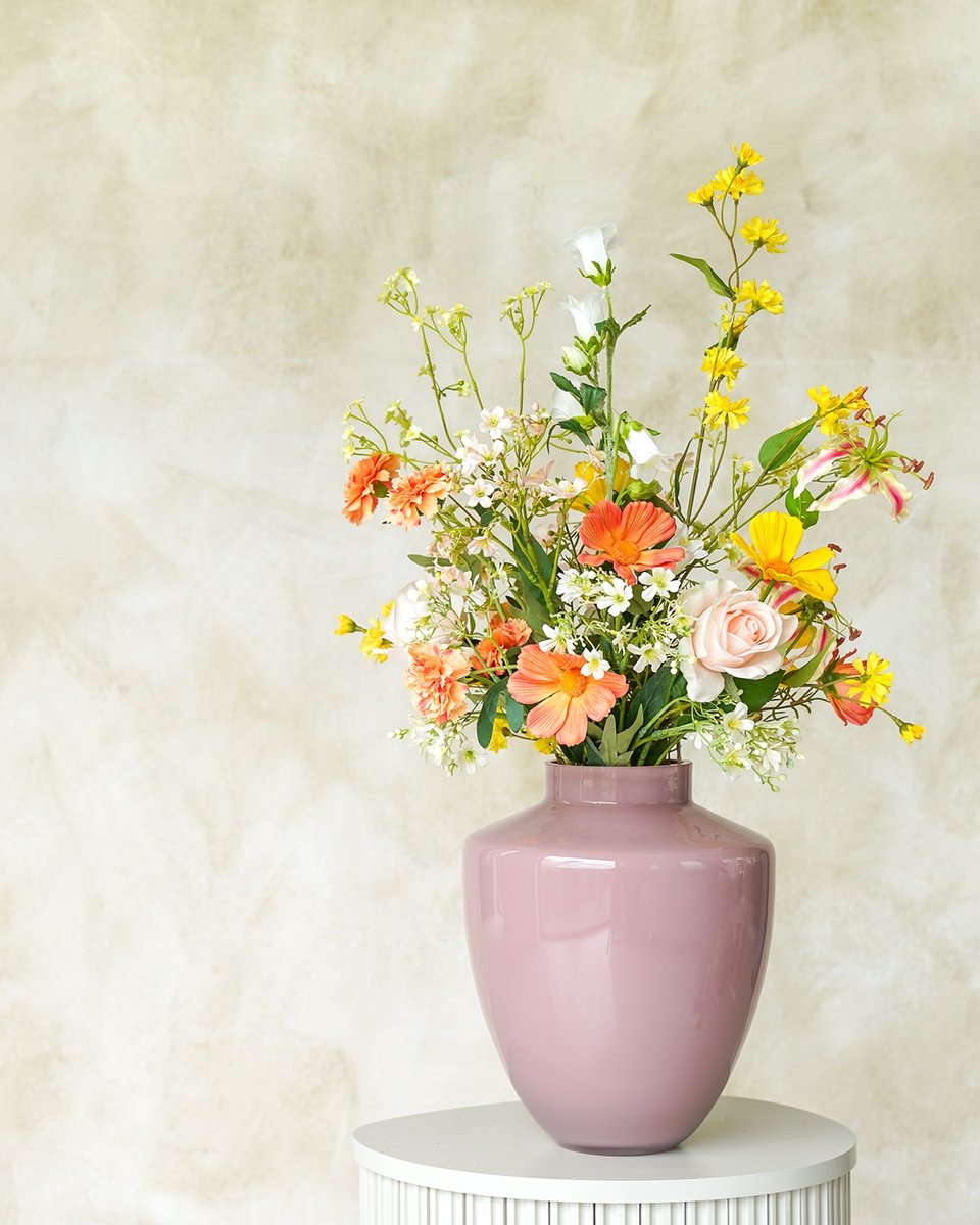 Fan of Flowers Boeket Fio met Vaas Rosa S – Zijden Boeket met Vaas - Kunstbloemen Veldboeket Inclusief Roze Vaas - 70 cm - Real-Touch Nepbloemen in Vaas