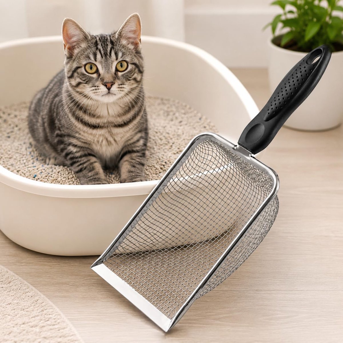 KZQ Roestvrijstalen kattenbak schep met fijnmazige zeef en antislip ergonomische handgreep, geschikt voor klontvormend en silicagrit, ideaal voor snelle reiniging.