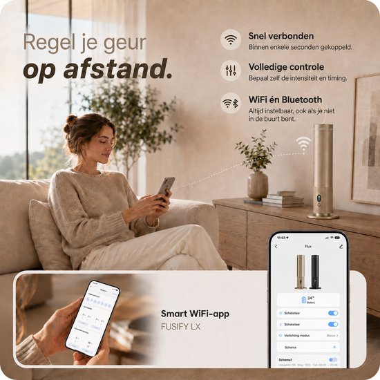 Vrouw bedient gouden FUSIFY LX geurverspreider met smartphone. Snelle verbinding, volledige controle en bediening via Wi-Fi en Bluetooth app.