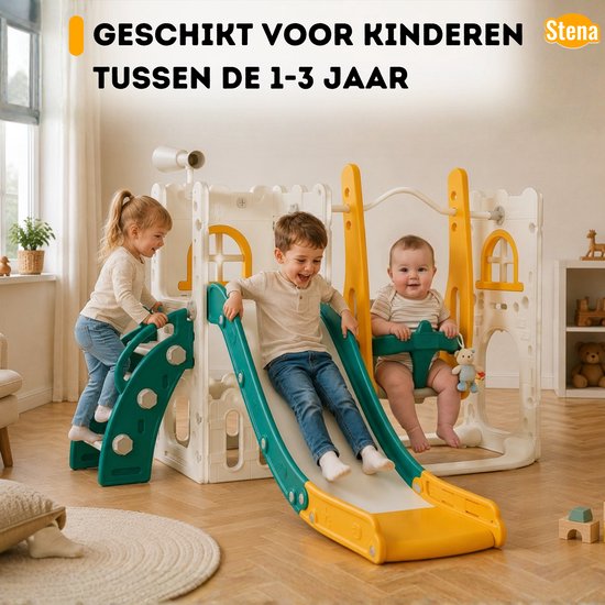 Wit speelhuisje met gele en groene glijbaan, waar drie kinderen mee spelen. Geschikt voor kinderen van 1-3 jaar.