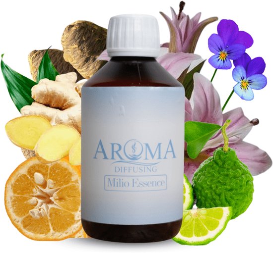 Flesje met geurolie te midden van ingrediënten: gember, sinaasappel, bergamot, lelie, viooltjes en Maca-wortel.
