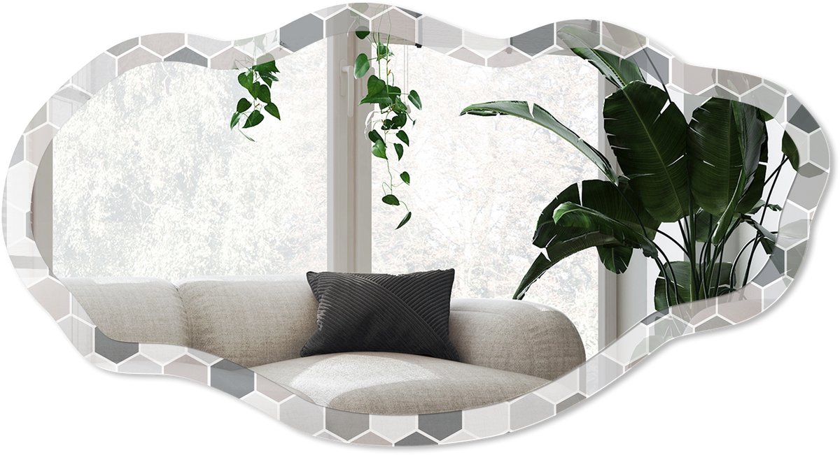 Wallfluent Grijze Zeshoeken Spiegel - Grijs Elegante Rechthoekige Wandspiegel - Organische Spiegel - Badkamer, Hal, Keuken - Geometrisch - 45x90 cm - Totale afmeting 52x97 cm
