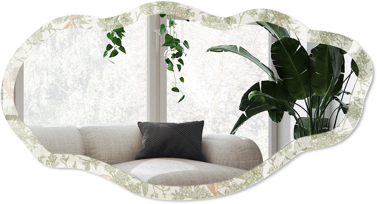 Wallfluent Vogels Flora Spiegel - Groen Rechthoekige Spiegel Met Modern Design - Organische Spiegel - Slaapkamer, Woonkamer, Hal - Vintage - 45x90 cm - Totale afmeting 52x97 cm