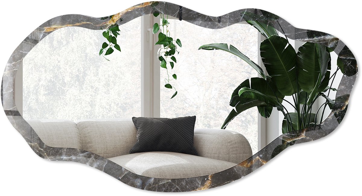 Wallfluent Steenstructuur Spiegel - Zwart Elegante Rechthoekige Wandspiegel - Organische Spiegel - Woonkamer, Kantoor, Hal - Modern - 45x90 cm - Totale afmeting 52x97 cm