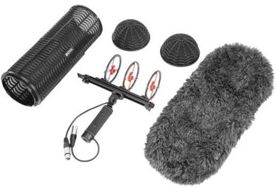 Windkap, korf, twee ronde kappen en microfoonhouder met handvat.