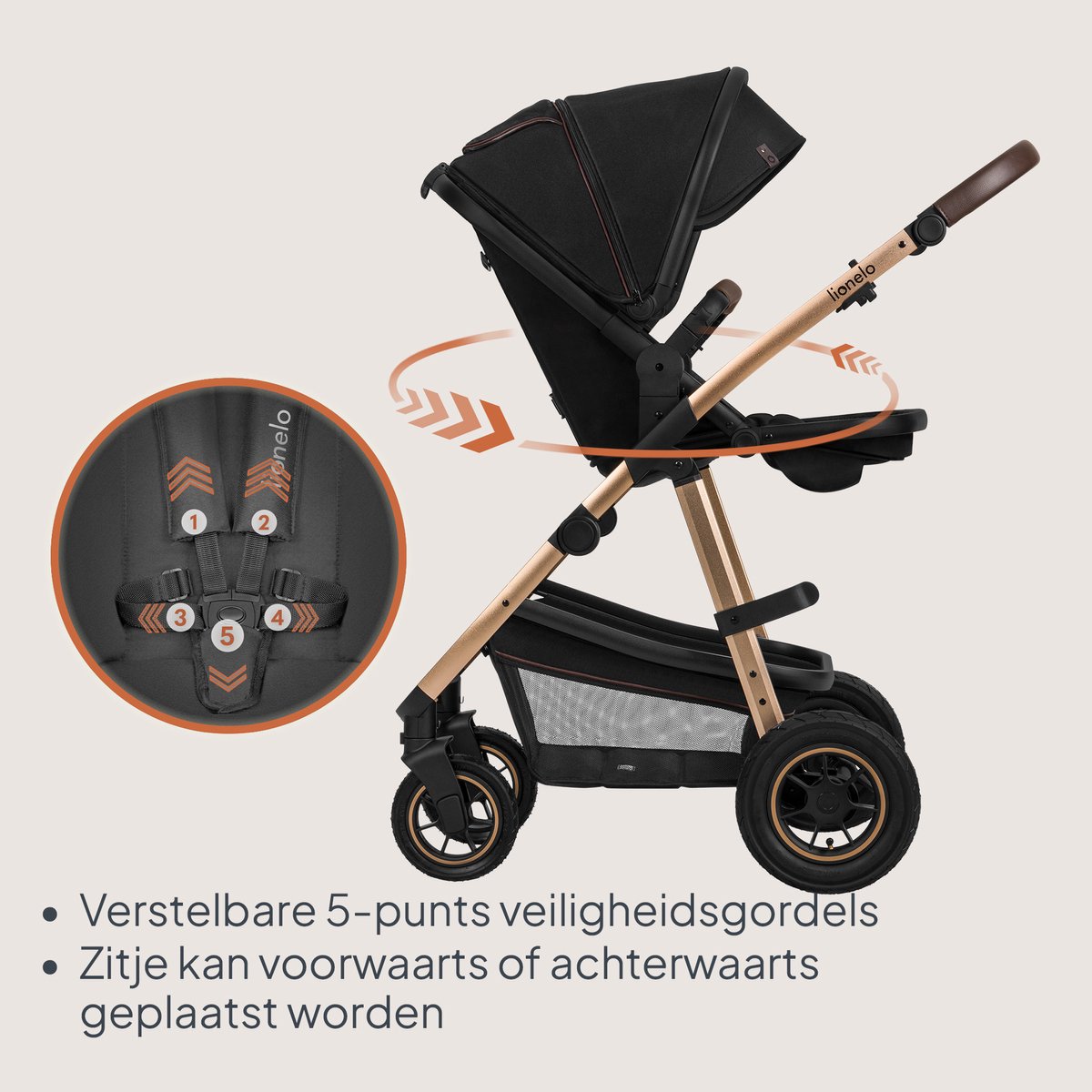 Lionelo Amber Kinderwagen 3 in 1 – Reiswieg + Wandelwagen + Astrid i-Size Autostoel met ADAC – 0-22 kg – Grote Luchtbanden – Volledige Vering – Omkeerbare Zitting – XXL Zonnekap UPF50+ – Verstelbare Duwstang – Accessoireset thumbnail 5