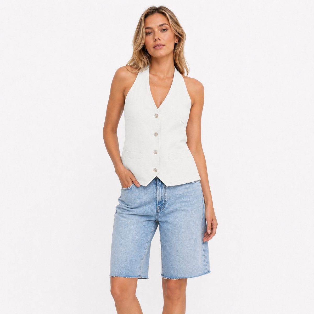 Imily Bela Dames Getailleerd Gilet met Halternek en Knopen