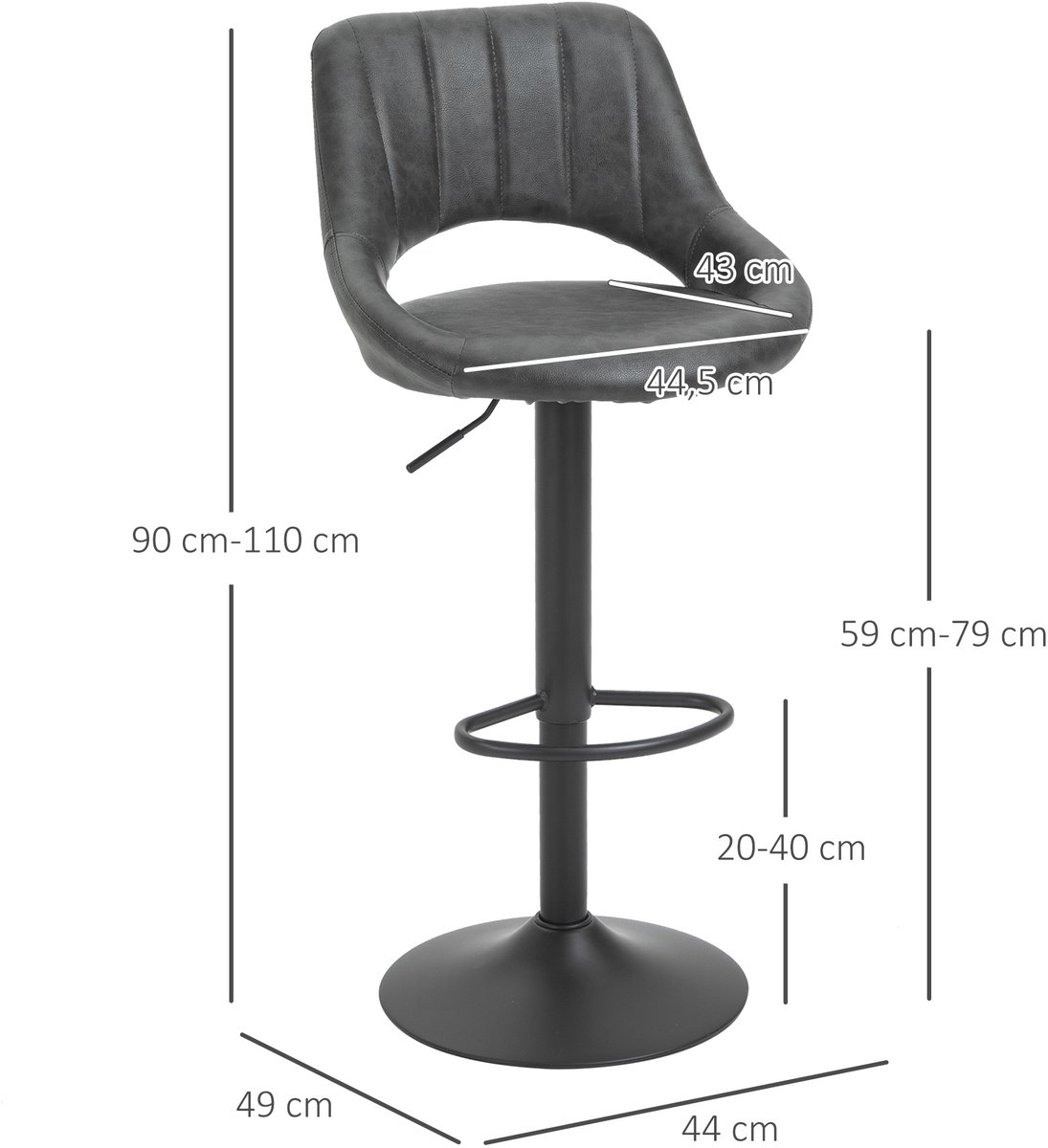 Clruro Barkrukken - 44x49x90-110 cm - 2 Stuks Draaibaar - Verstelbaar - Kunstleer/Metaal - Grijs