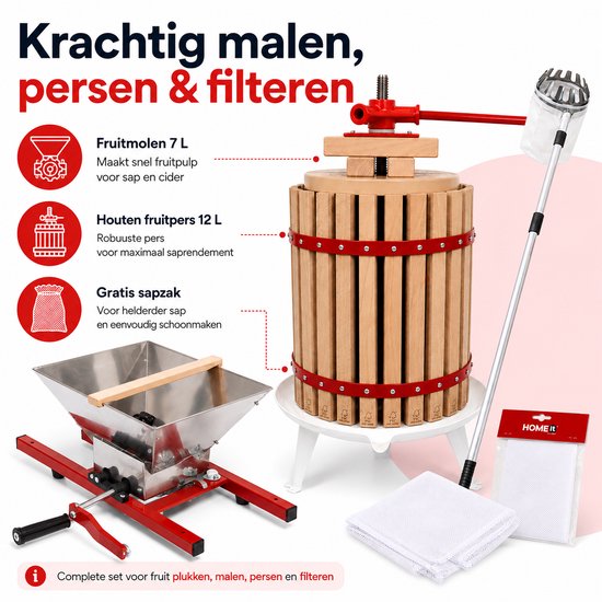 HOME It® Fruitpers Set 12 L - Eikenhout Appelpers met Fruitmolen 7 L, Telescopische Fruitplukker 150-260 cm & Gratis Sapzak - Voor Sap & Cider van home-it — afbeelding 5