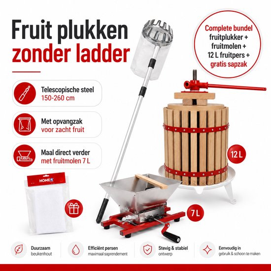 HOME It® Fruitpers Set 12 L - Eikenhout Appelpers met Fruitmolen 7 L, Telescopische Fruitplukker 150-260 cm & Gratis Sapzak - Voor Sap & Cider van home-it — afbeelding 2
