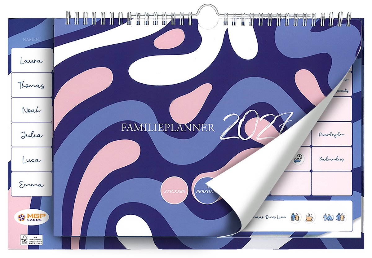 MGPcards - Family Planner 2027 - Weekplanner - Week begint op maandag - 34 x 24,5 cm - Blauw - Met stickers