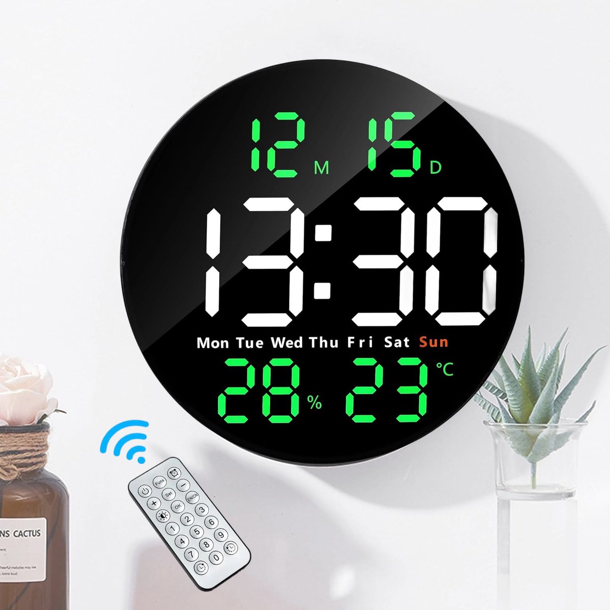 LED-Wandklok - Ronde Led Digitale Wandklok - Met Temperatuur- En Vochtigheidsweergave - 10 Dimniveaus