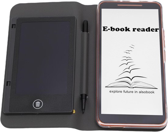 Zwarte e-reader met pen in een grijze hoes, naast oranje e-reader met 'E-book reader' scherm.
