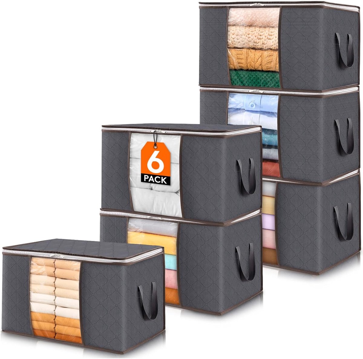 Set van 6 Opbergtassen 60L – Opbergtas Kleding – Opvouwbare Opbergbox – Opbergdoos met Deksel van Vliesstof – Kleding Organizer met Transparant Venster en Handgrepen – Kledingopslag & Kast Organizer voor Dekbedden – Grijs
