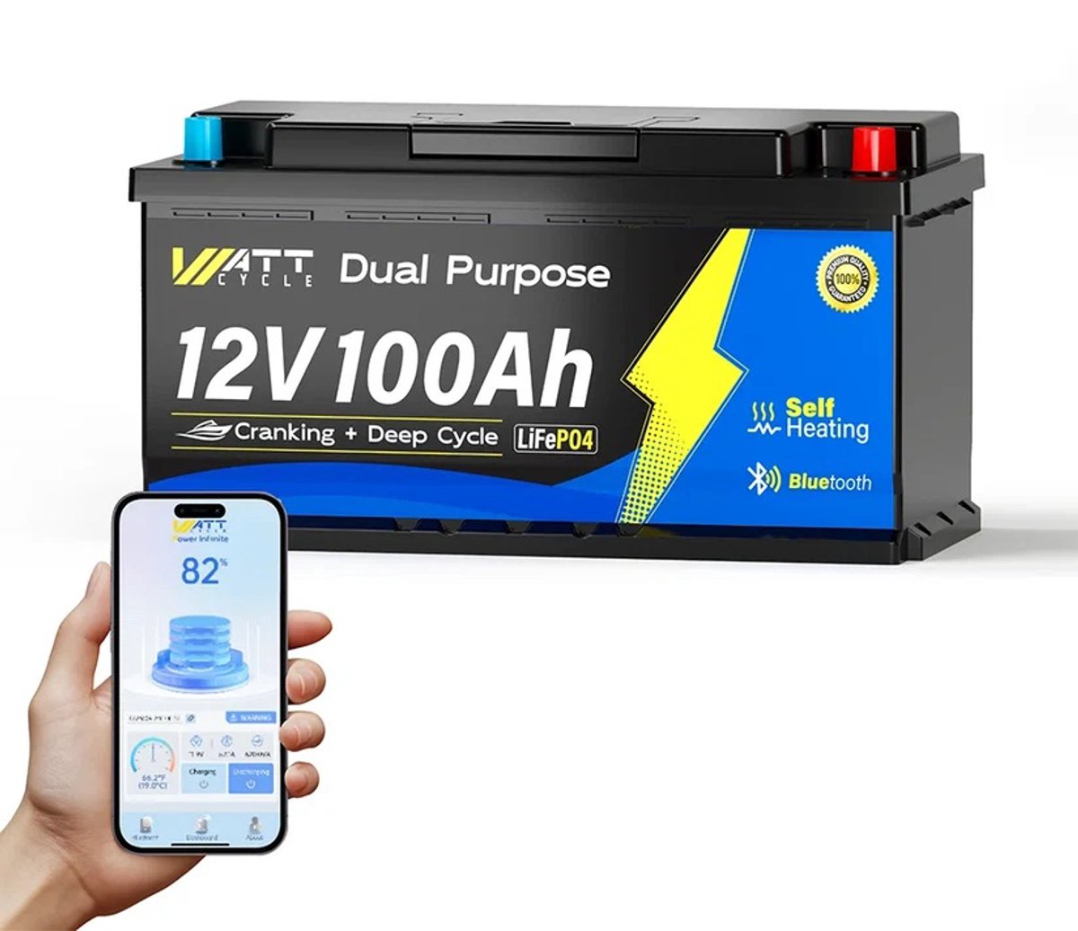 12V 100Ah 1200CCA dual-purpose start-/deep-cycle accu | Bluetooth & zelfopwarmend | 200A BMS (200A continu, 2560W) | IP67 waterbestendig | Voor auto-audio, boegmotor, golfkar, ATV, UTV, camper