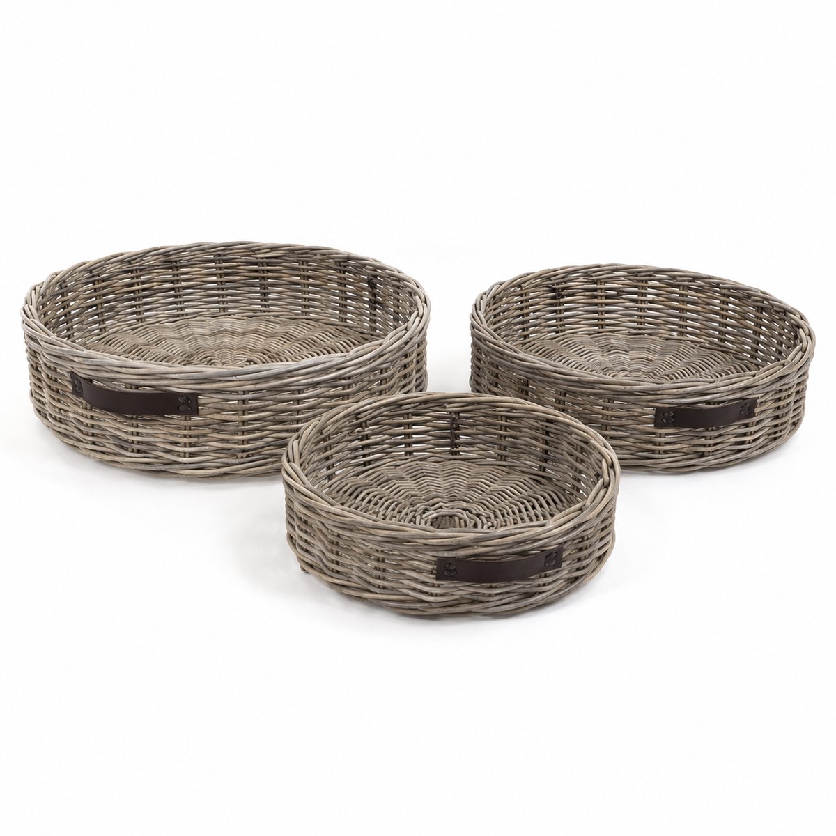 Rotan Dienblad Rond - Ø60xH16 cm - Leder handvat - Rieten dienblad - Grey