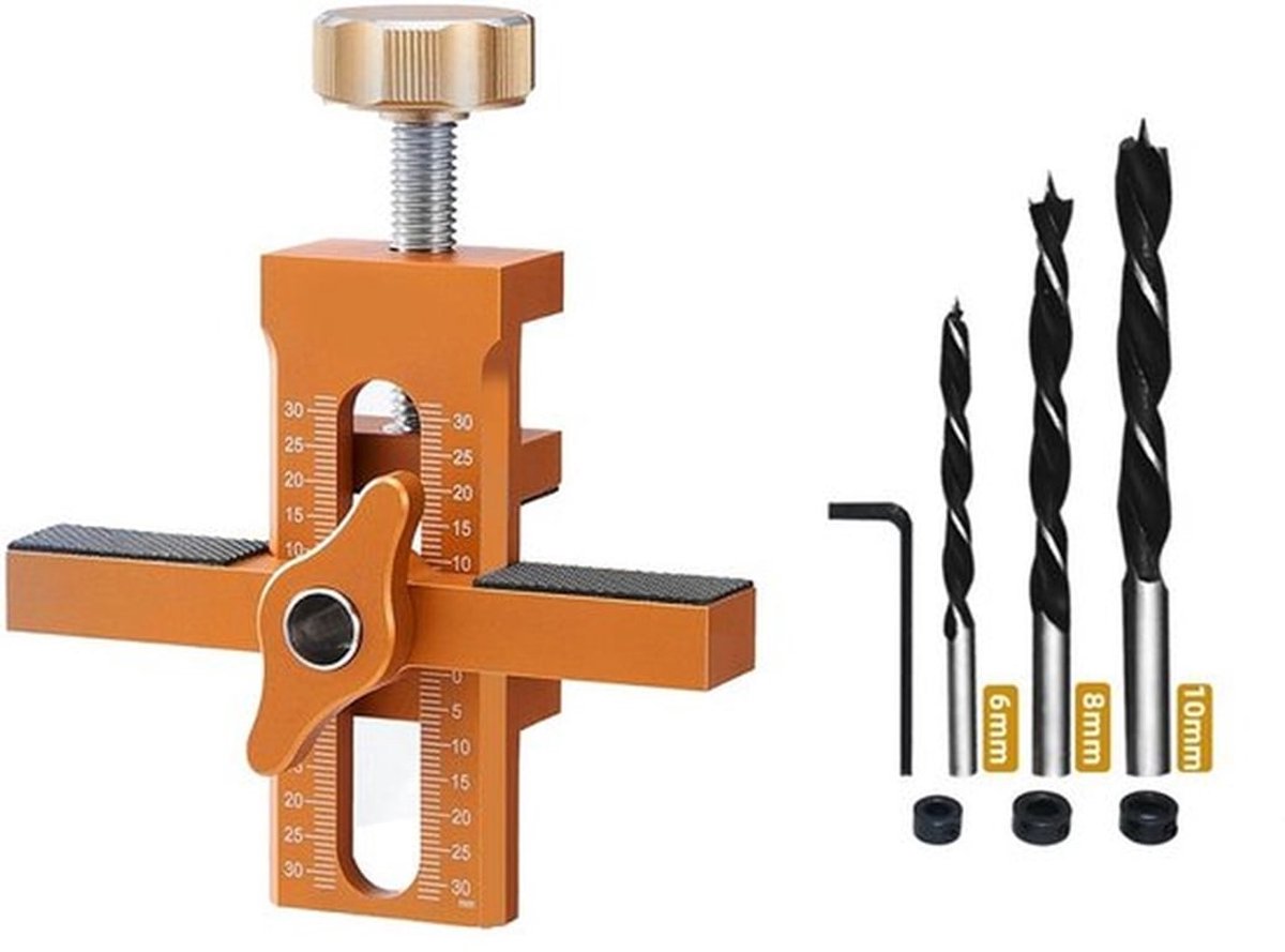 Kastdeurmontageklem, met verstelbare positioneerder, kastdeurpositioneertool, snel monteren van frameloze of omlijstde kastdeuren, waterpas (oranje kastdeurklem, 10MM booraccessoire)