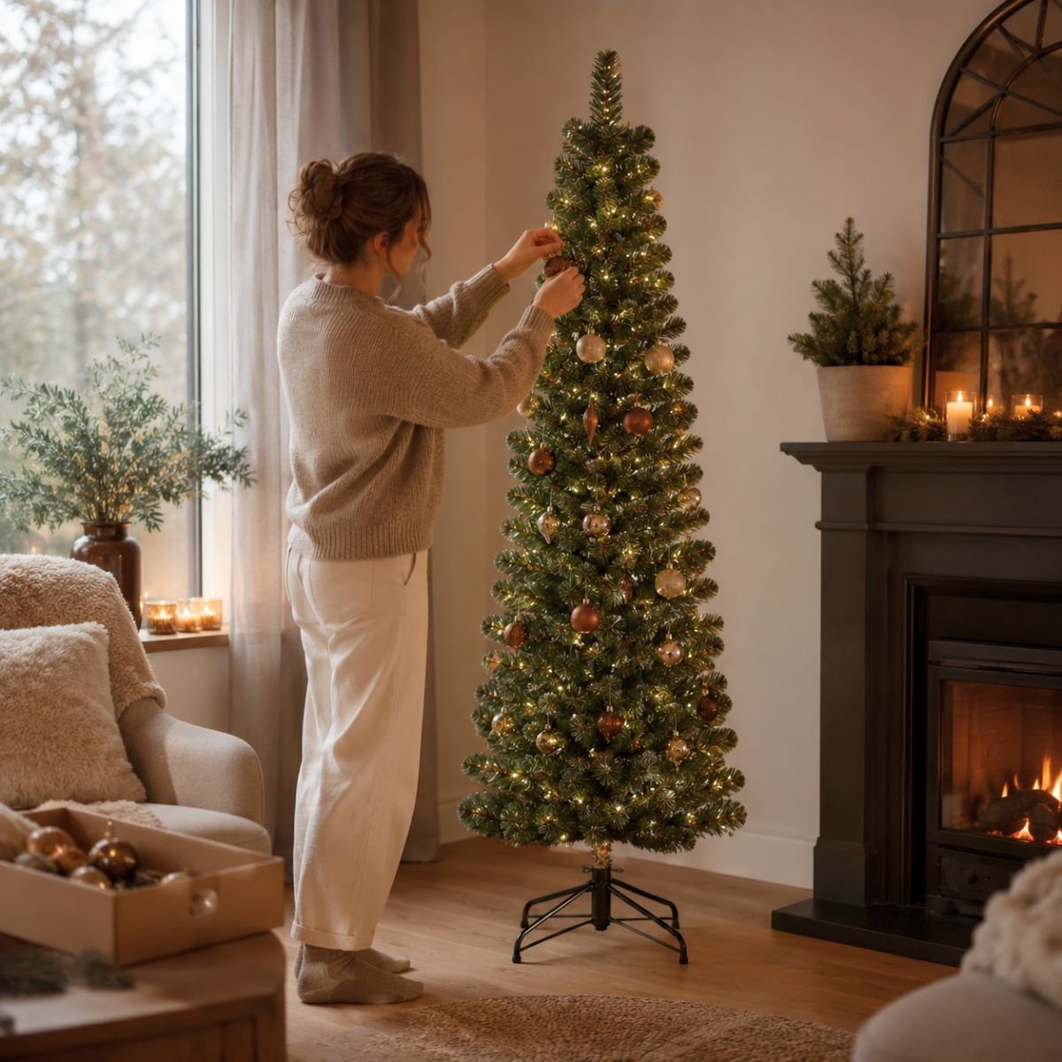 Black Box Trees Charlton Smalle Kerstboom met Timer en Dimfunctie - Kerstversiering voor Binnen tijdens de Feestdagen - Kunstboom met Scharnierconstructie - H215 x Ø56 cm - Groen – foto 6